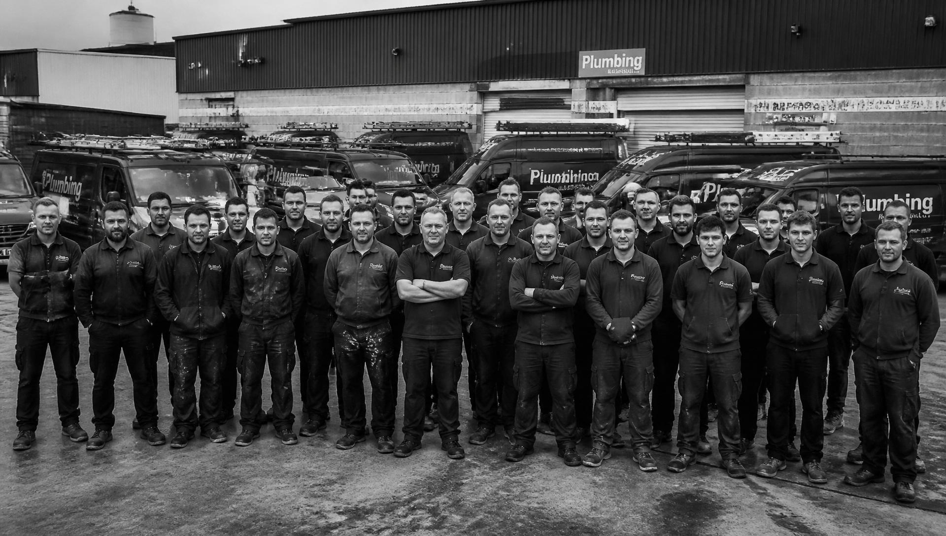 The Howrah Plumbing crew standing in front of the fleet at the Mornington yard